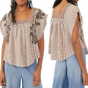 Nwt Free People Small Half Moon Boho Embroidered Top, Ivory Combo